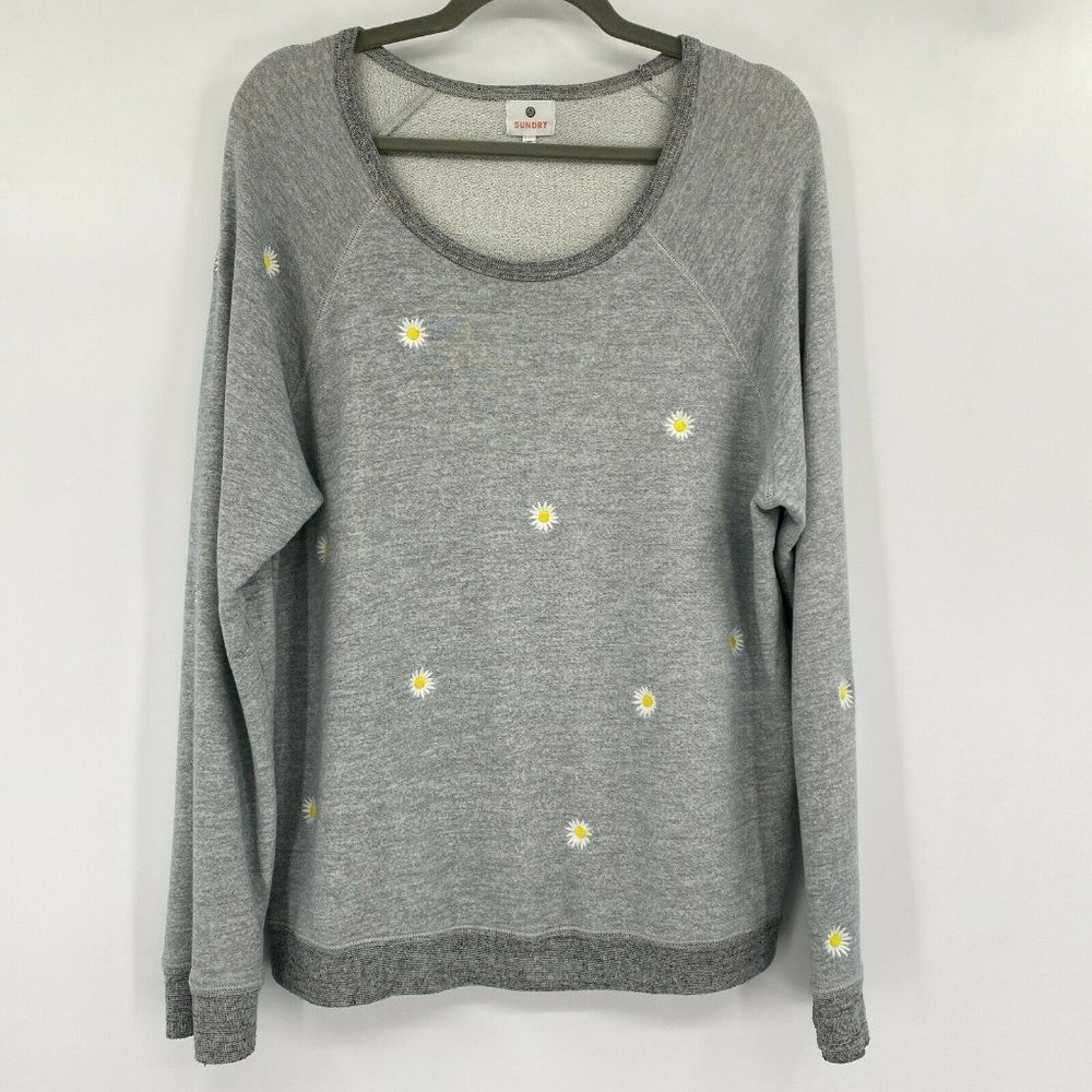 Sundry Embroidered Daisies Raglan Sleeve Pullover Sweatshirt Gray Womens Size XL